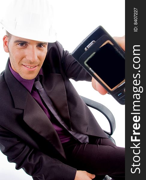 Young male architect showing his cell phone against white background