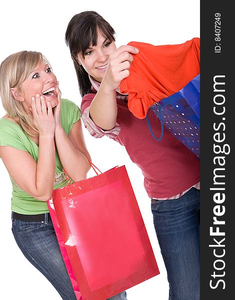 Two girl friends with shopping bags. Two girl friends with shopping bags