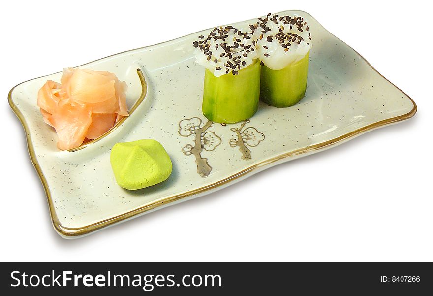 Sushi with cucumber, avocado and fish. Sushi with cucumber, avocado and fish