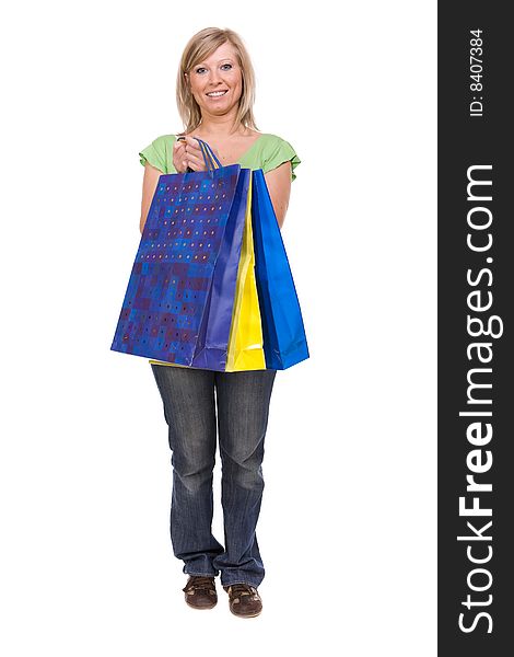 Attractive woman with shopping bag. over white background