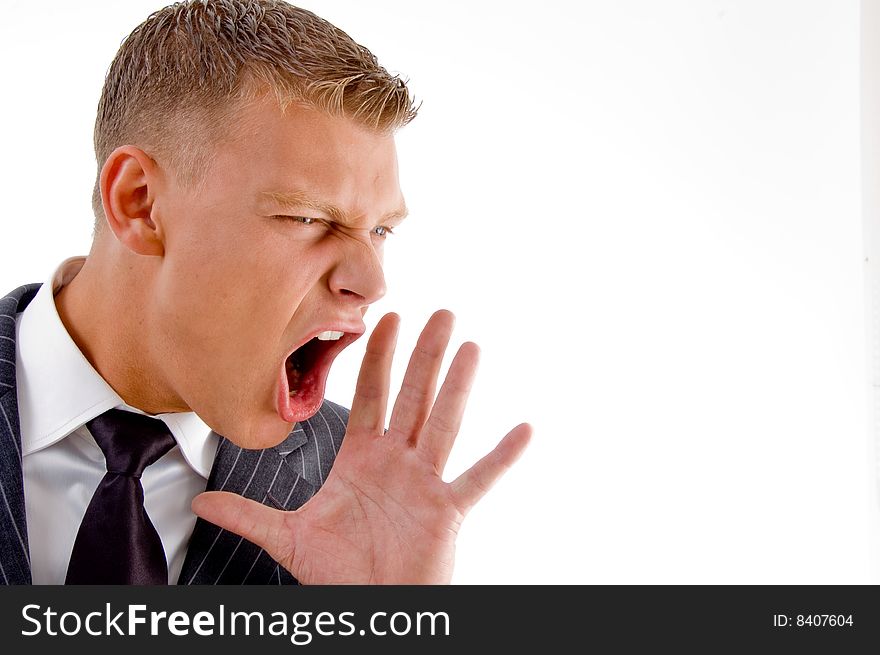 Close up of shouting executive with white background