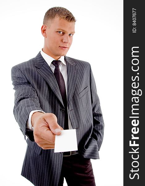 Standing professional showing business card with white background