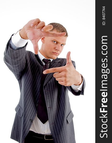 Young professional showing framing hand gesture on an isolated white background