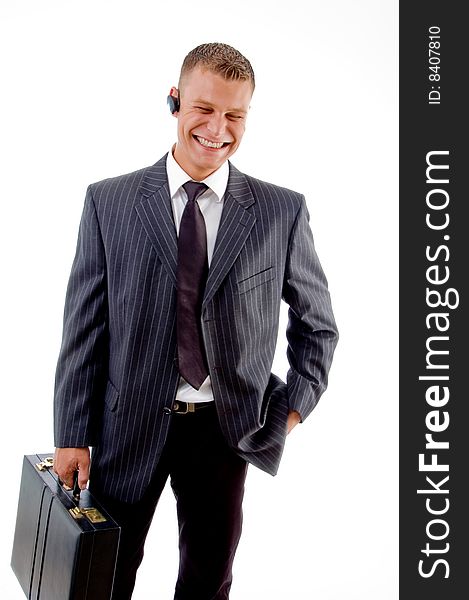 Portrait of businessman standing with office bag on an isolated background