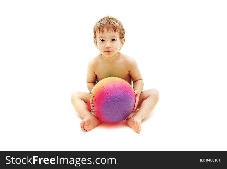 Cute toddler with colorful ball over white