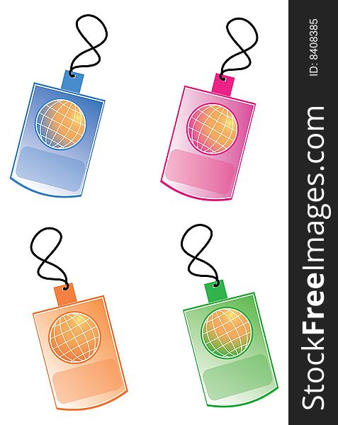 Detail of illustration shows colorful tags with golbe