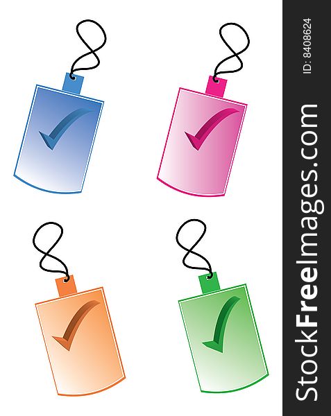 Detail of illustration shows colorful tags with tick