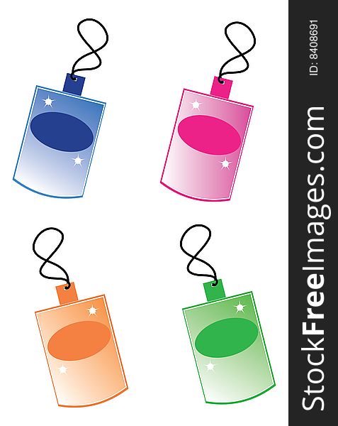 Detail of illustration shows colorful tags with oval