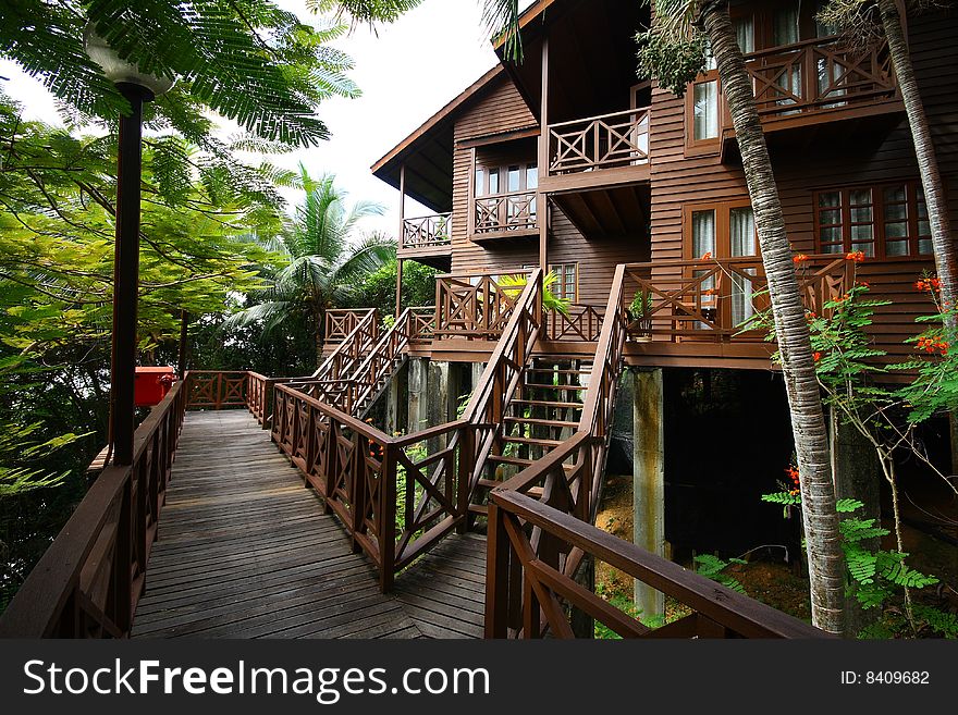The beautiful wooden bungalow resort