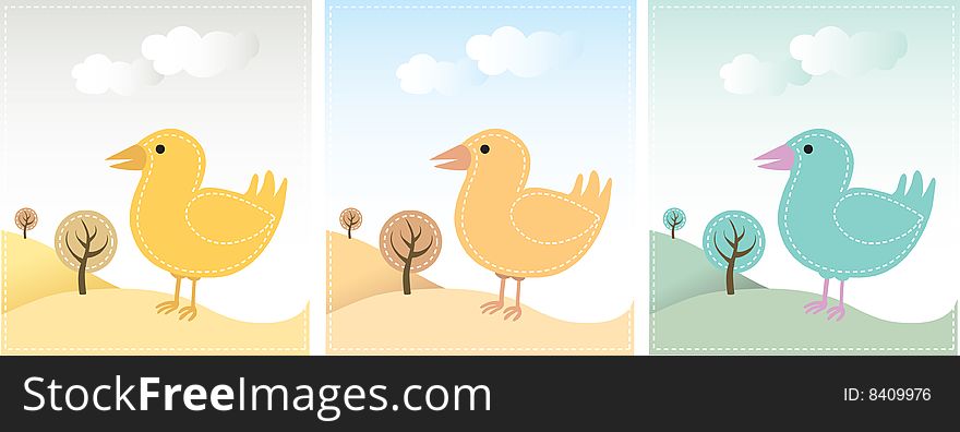 Three variations of a bird in a landscape