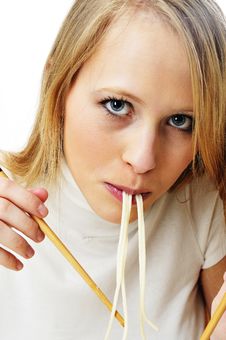 Blond Woman Use Chopsticks Eating Noodles Stock Photography Blond Woman Use Chopsticks Eating Noodles Stock Photography