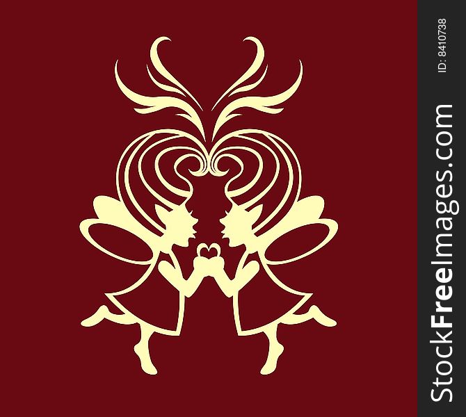 Vector  Illustration Silhouette of two simmetric fairies with magic heart on the middle. Vector  Illustration Silhouette of two simmetric fairies with magic heart on the middle.