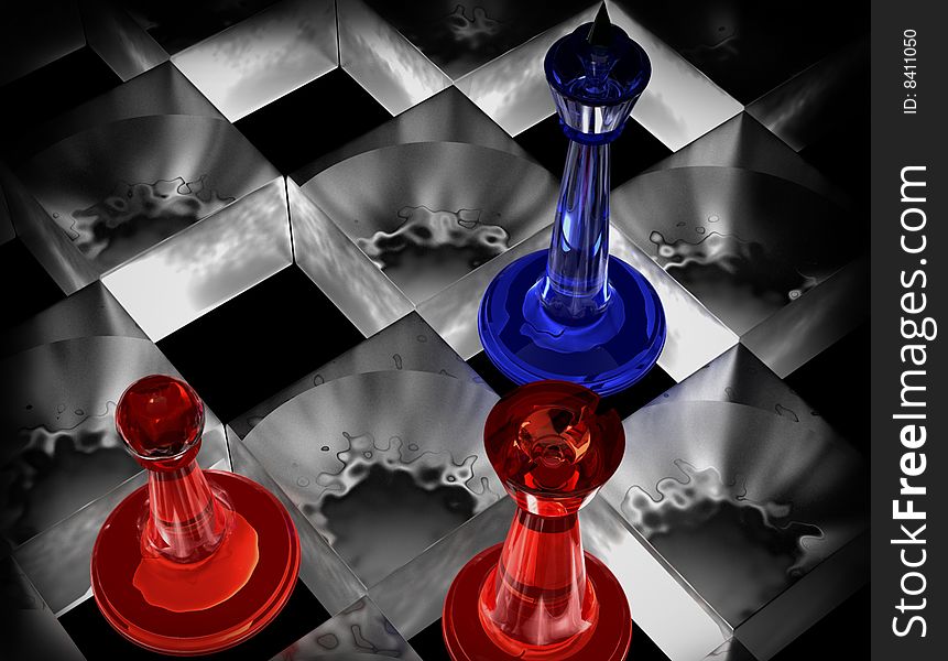 Game of chess on a glass board, on a black background. Abstraction.