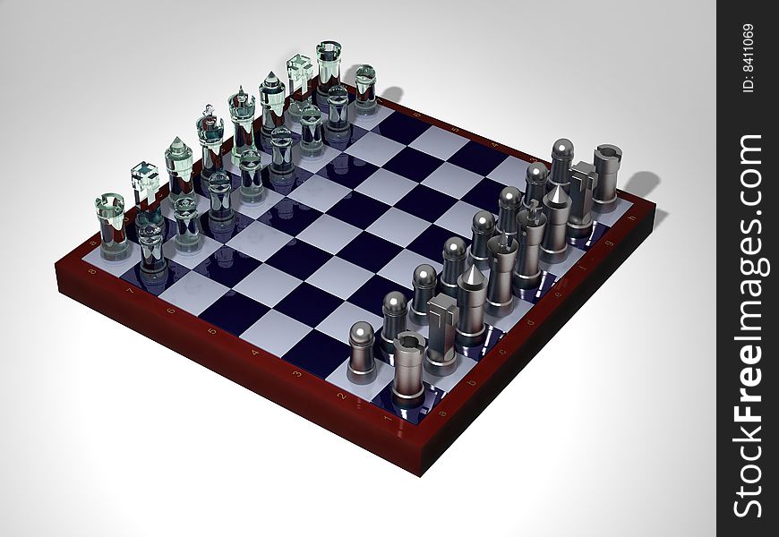 Chessboard with glass and iron figures on a white background.