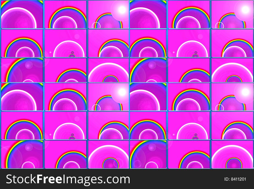 Colorful pink designed rainbows in 36 boxes