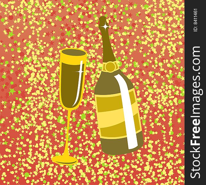 Vector illustration of wine bottle and  glass on the red background, decorated with beautiful stars.