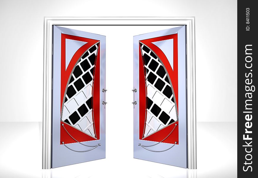 Door in a modernist style with the chromeplated handles on a white background. Door in a modernist style with the chromeplated handles on a white background