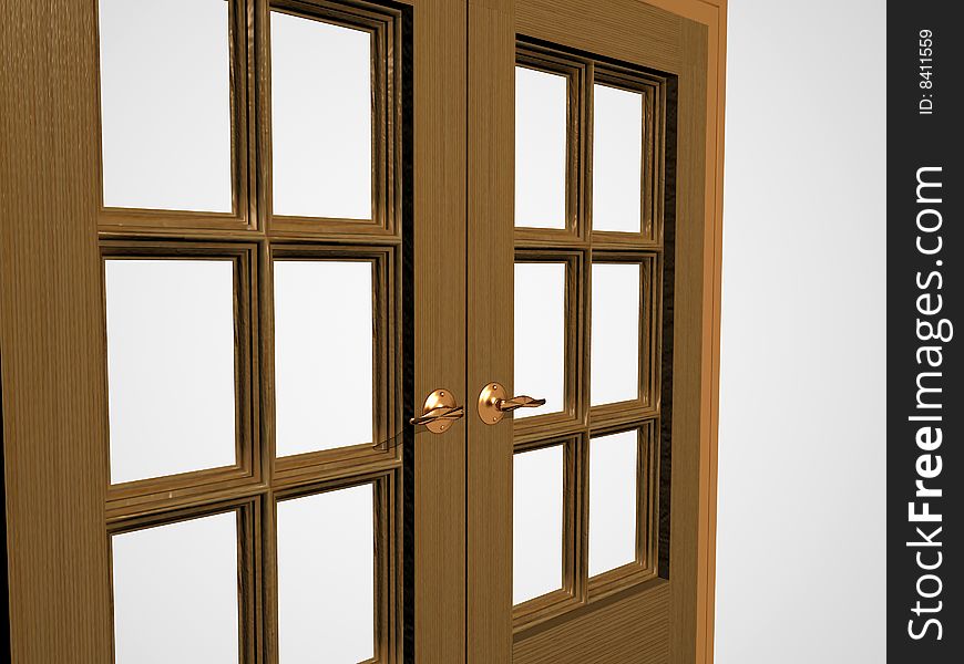Wooden door with the gilt handle on a white background