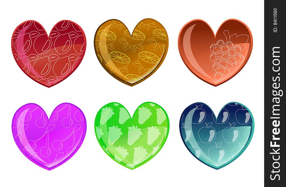 Hearts with fruit patterns