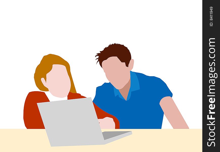 Vectored illustration of two students studying together in front of a laptop. Vectored illustration of two students studying together in front of a laptop