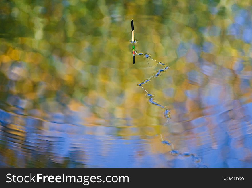 Fishing line on lake surface in autumn light