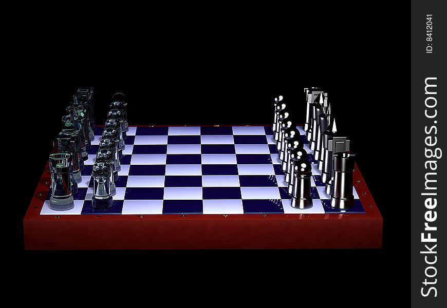Chessboard with glass and iron figures on a black background