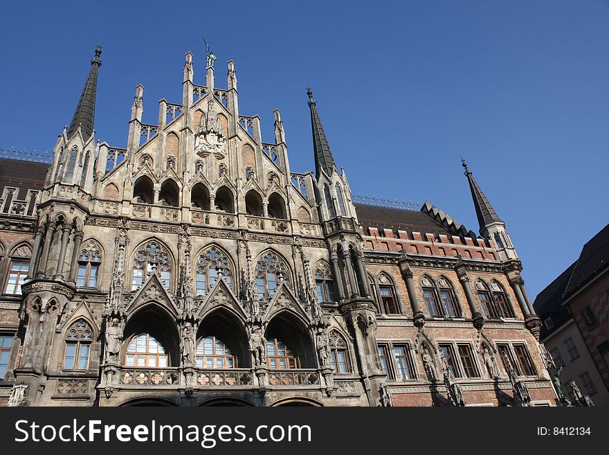 Germany. Munich.A new town hall and the bright dark blue sky.