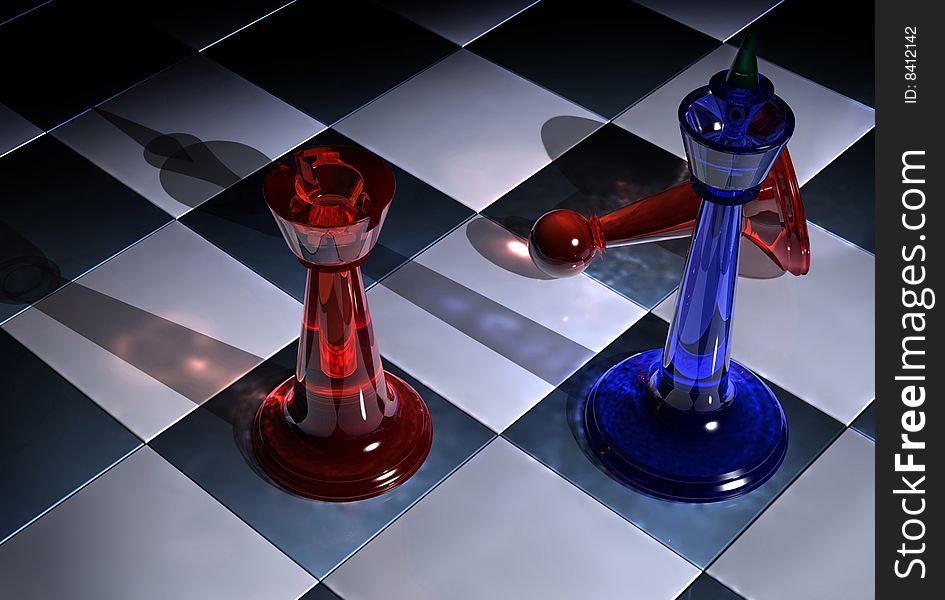 Game of chess figures from red and dark blue glass on a black background