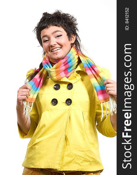Teen girl  dressed trendy clothes and scarf over white. Teen girl  dressed trendy clothes and scarf over white