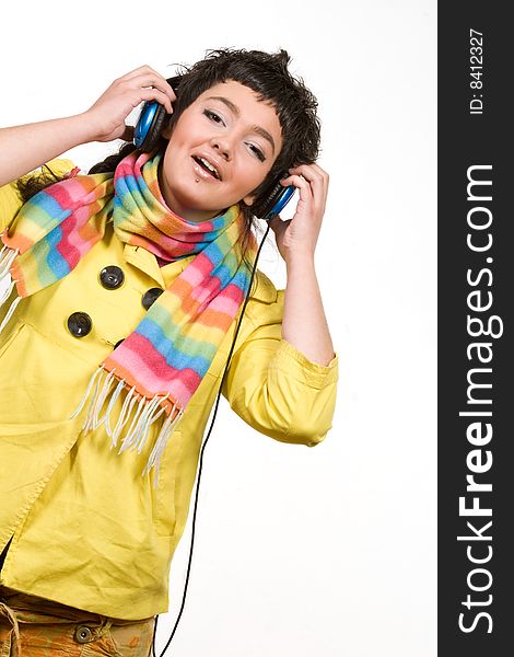 Attractive Young Woman With Headphones Over White