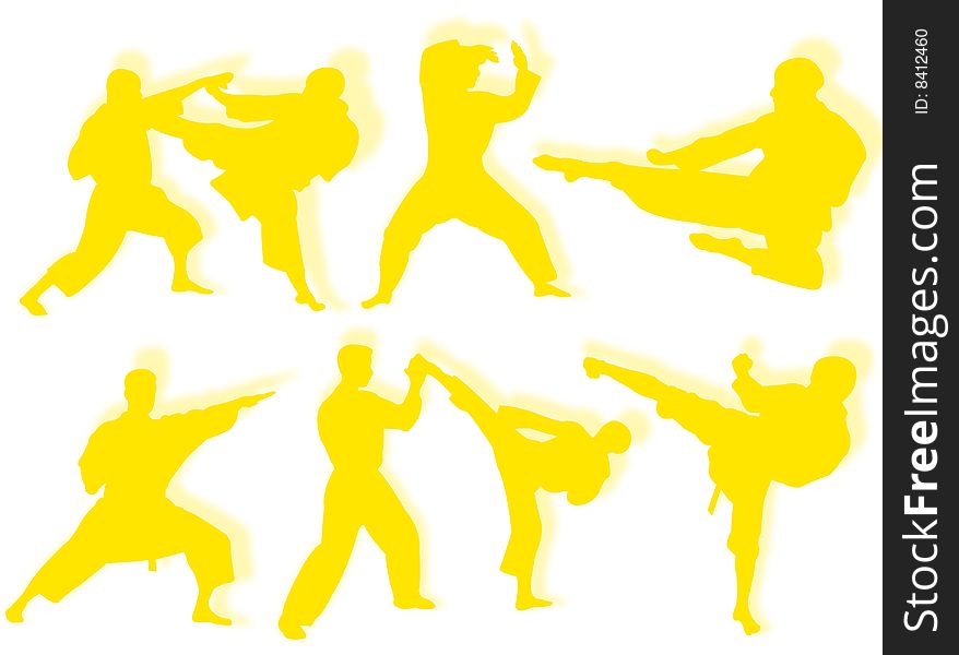 Men silhouette in different karate poses and attitudes. Men silhouette in different karate poses and attitudes
