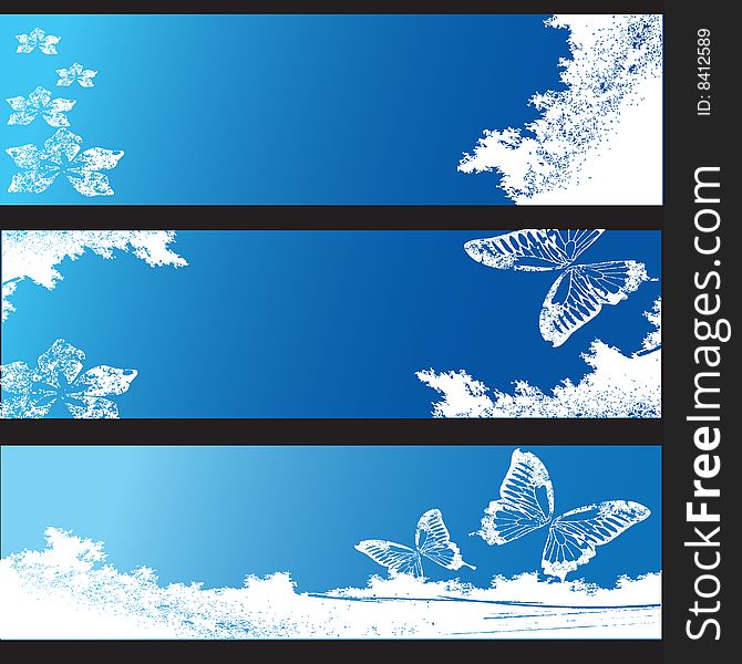 Three blue grunge banners with flowers and butterfly