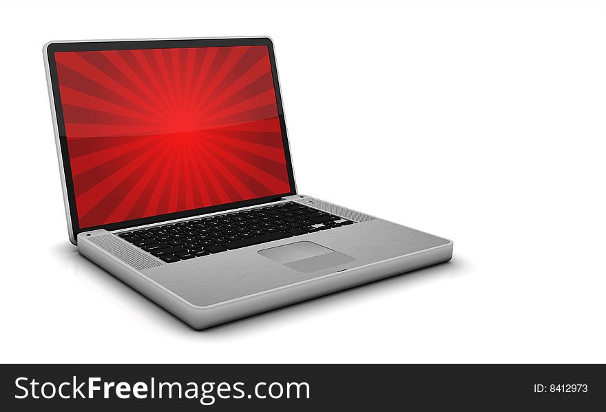 Stainless steel laptop with red burst on monitor isolated on white. Stainless steel laptop with red burst on monitor isolated on white