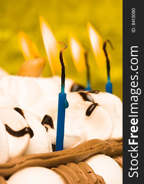 Cake and candles on celebratory table