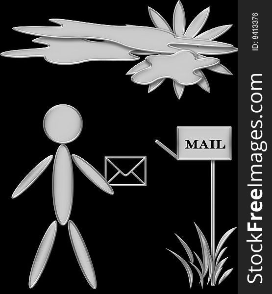 Chrome stick figure posting mail with clouds on the sky and a little sun