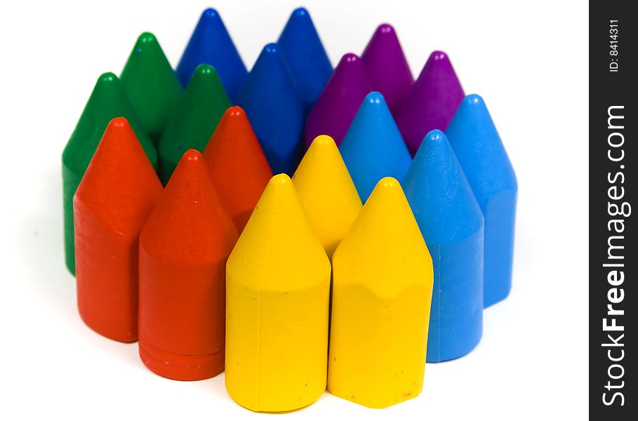 Several groups wax crayons in vertical position. Several groups wax crayons in vertical position
