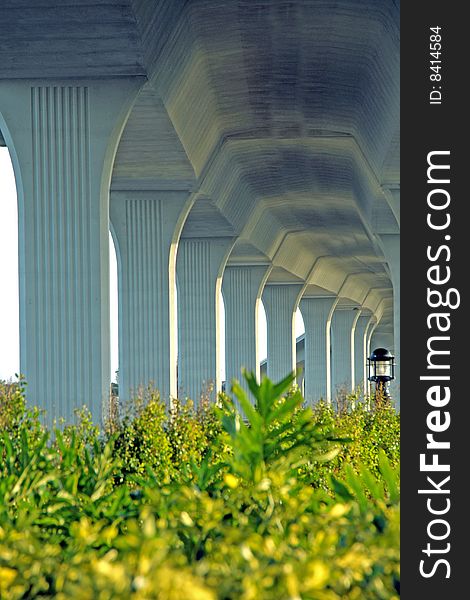 Shot from underneath large bridge going into Stuart Florida. Shot from underneath large bridge going into Stuart Florida