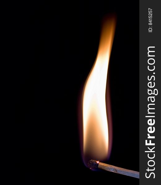 Close up of a burning match on black background. Close up of a burning match on black background