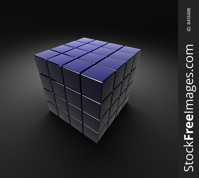 Dark blue cube, sectional, reflectional, isolated on black. Dark blue cube, sectional, reflectional, isolated on black