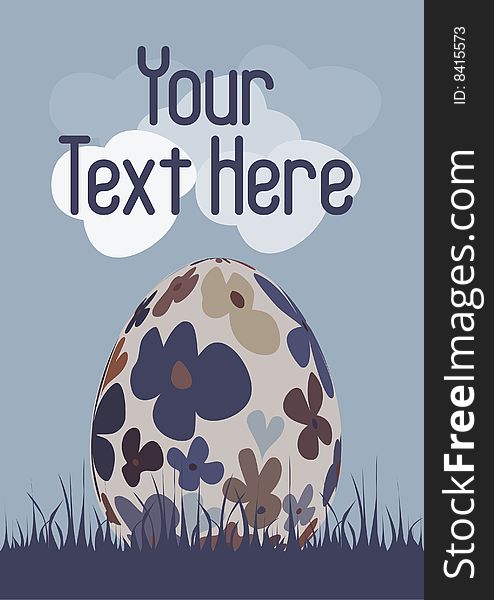 Floral Egg in the grass on a blue background with clouds and space for text. Floral Egg in the grass on a blue background with clouds and space for text