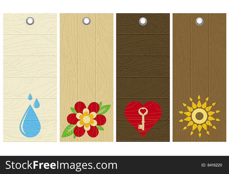 Five wooden labels with floral elements, vector illustration. Five wooden labels with floral elements, vector illustration
