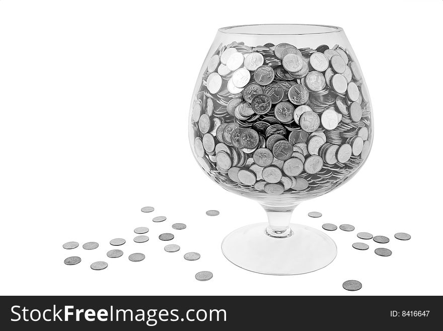 Wide glass with money isolated on white