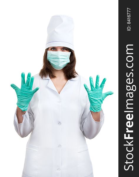 Young doctor ready for surgery over white background. Young doctor ready for surgery over white background