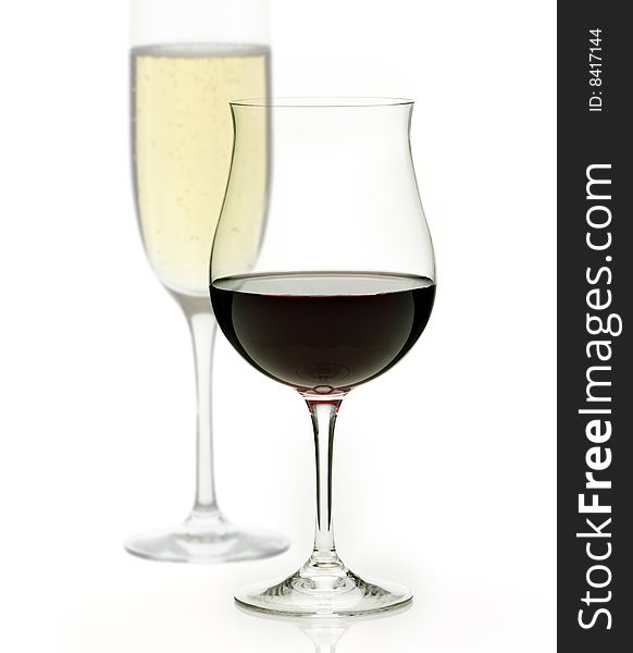 Red and white wine on a white background