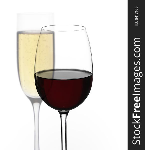 Red and white wine on a white background