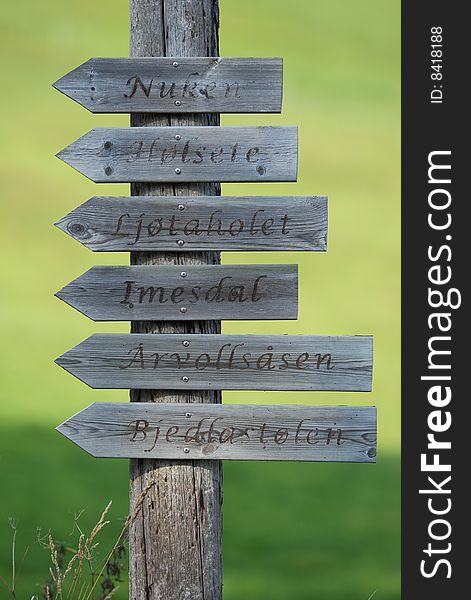 Wooden signpost with the burned names on green nature background