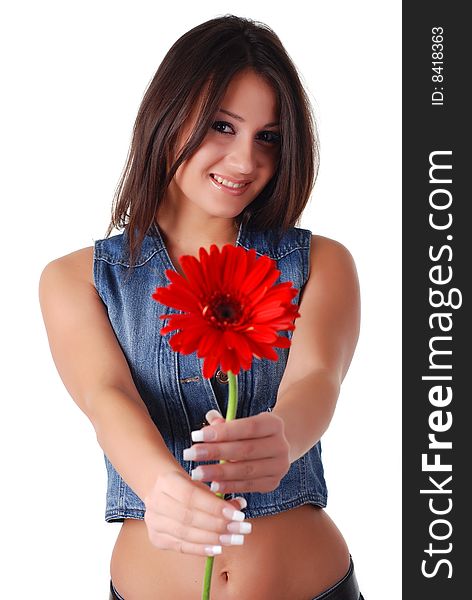 Portrait of a beautiful woman with red flower. Portrait of a beautiful woman with red flower