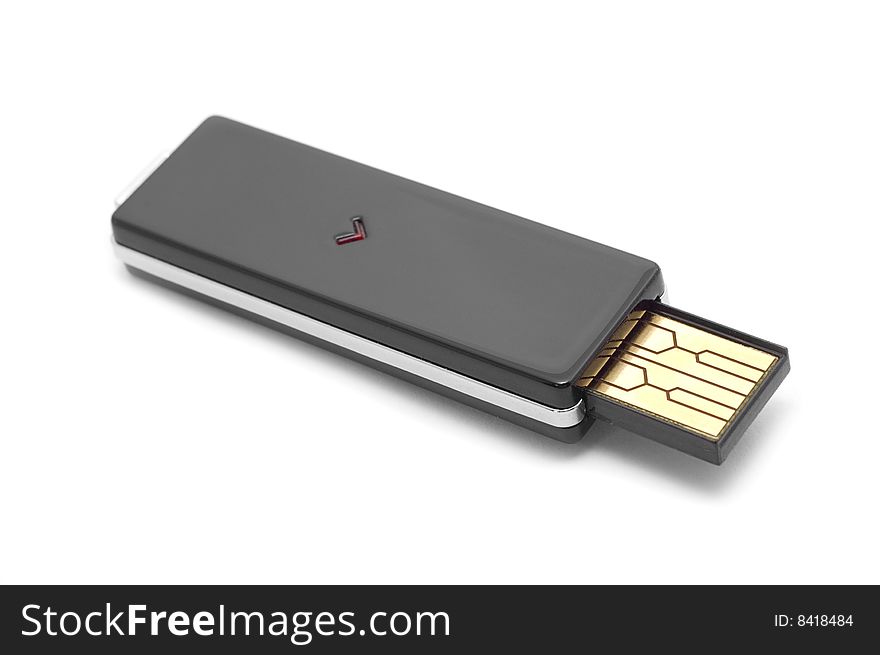 Stylish black usb flash drive (macro) isolated on white