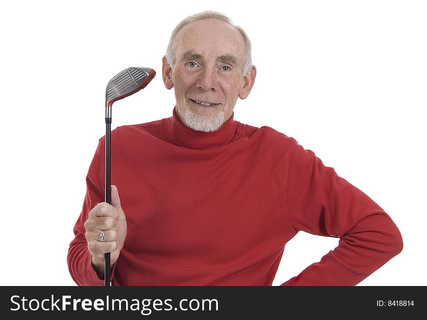 Studio shot on white of happy senior man with golf club. Studio shot on white of happy senior man with golf club