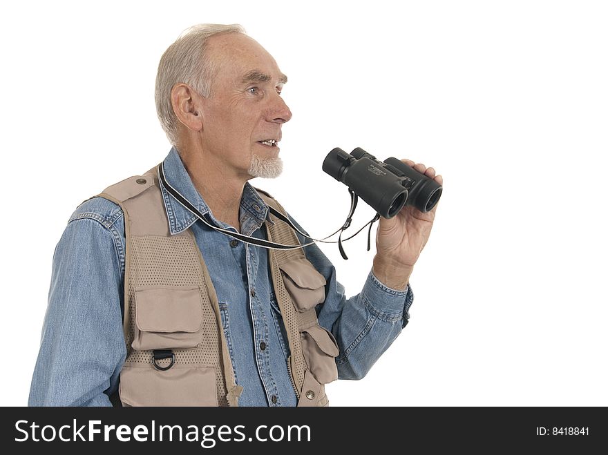Senior man on white background with binoculars for birdwatching or field sport. Senior man on white background with binoculars for birdwatching or field sport